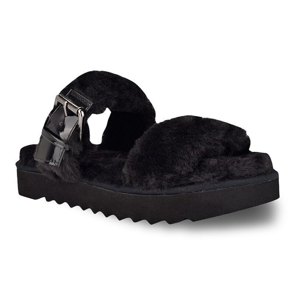 Nine West Funkie Sandals Women's US 6 Black Faux Fur Slip On Flat Slide JOBB217